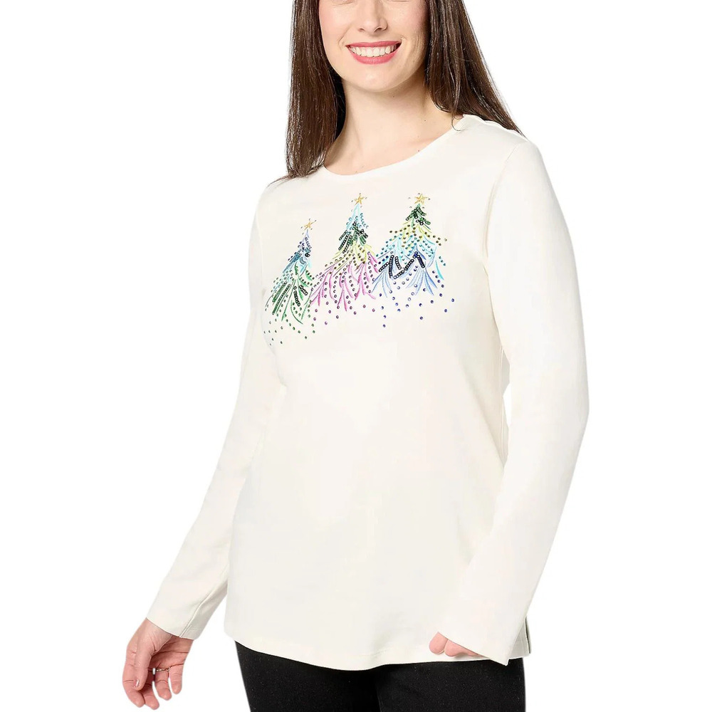 Quacker Factory Merry & Bright Embroidery with Sequin Top Winter White - Regular